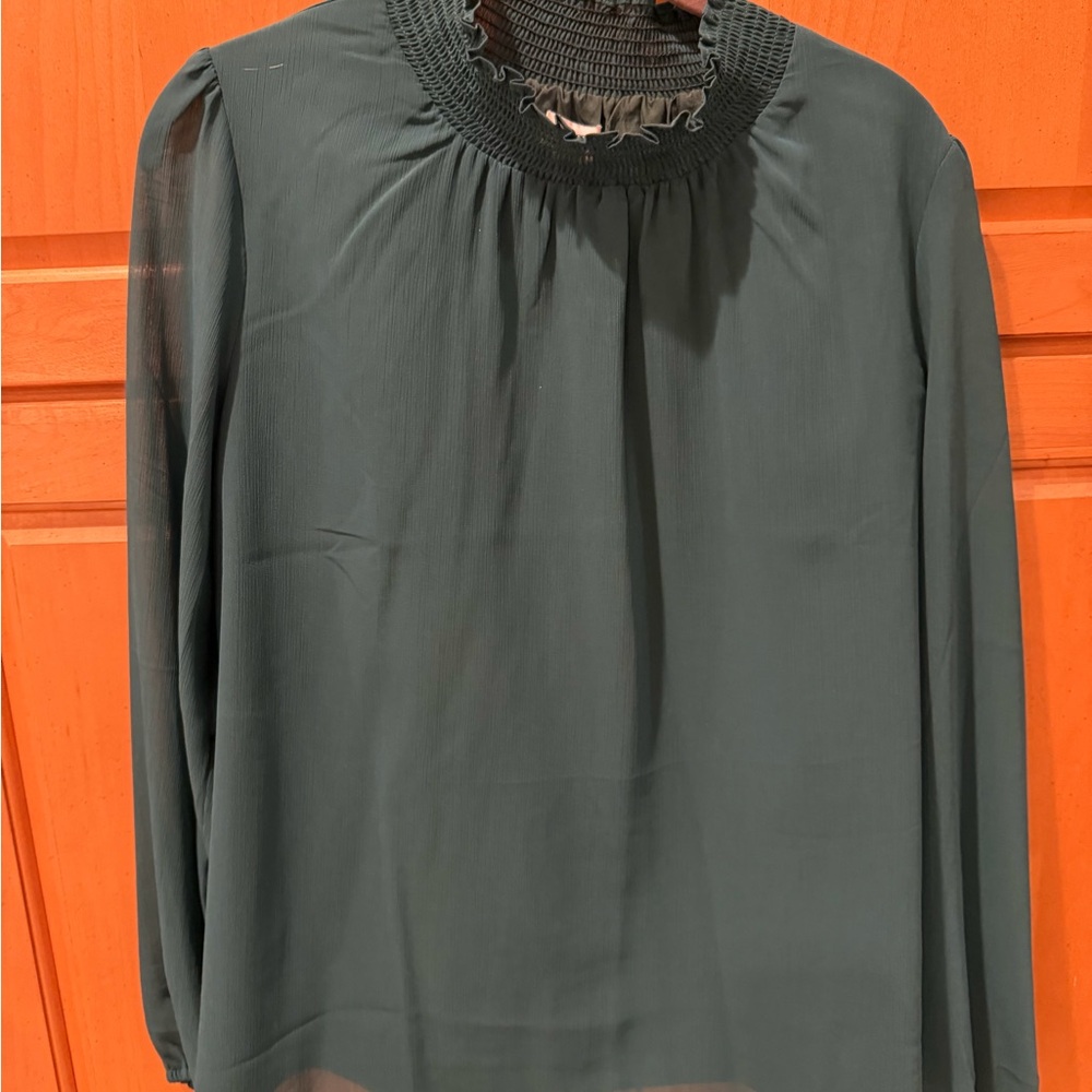 J. Crew Dark Teal Smocked-Neck Sheer Blouse